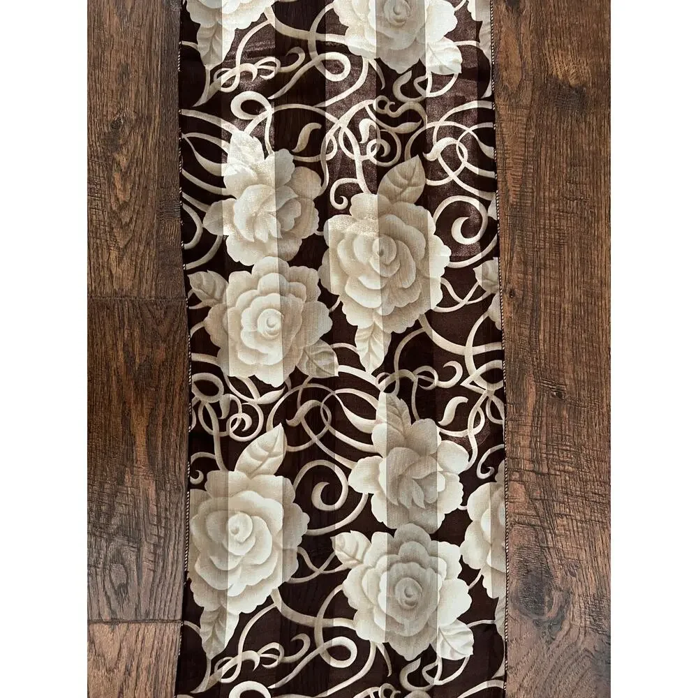 Vintage Accessory - Rectangular Floral Scarf - Brown Ivory Rose Semi Sheer Wrap